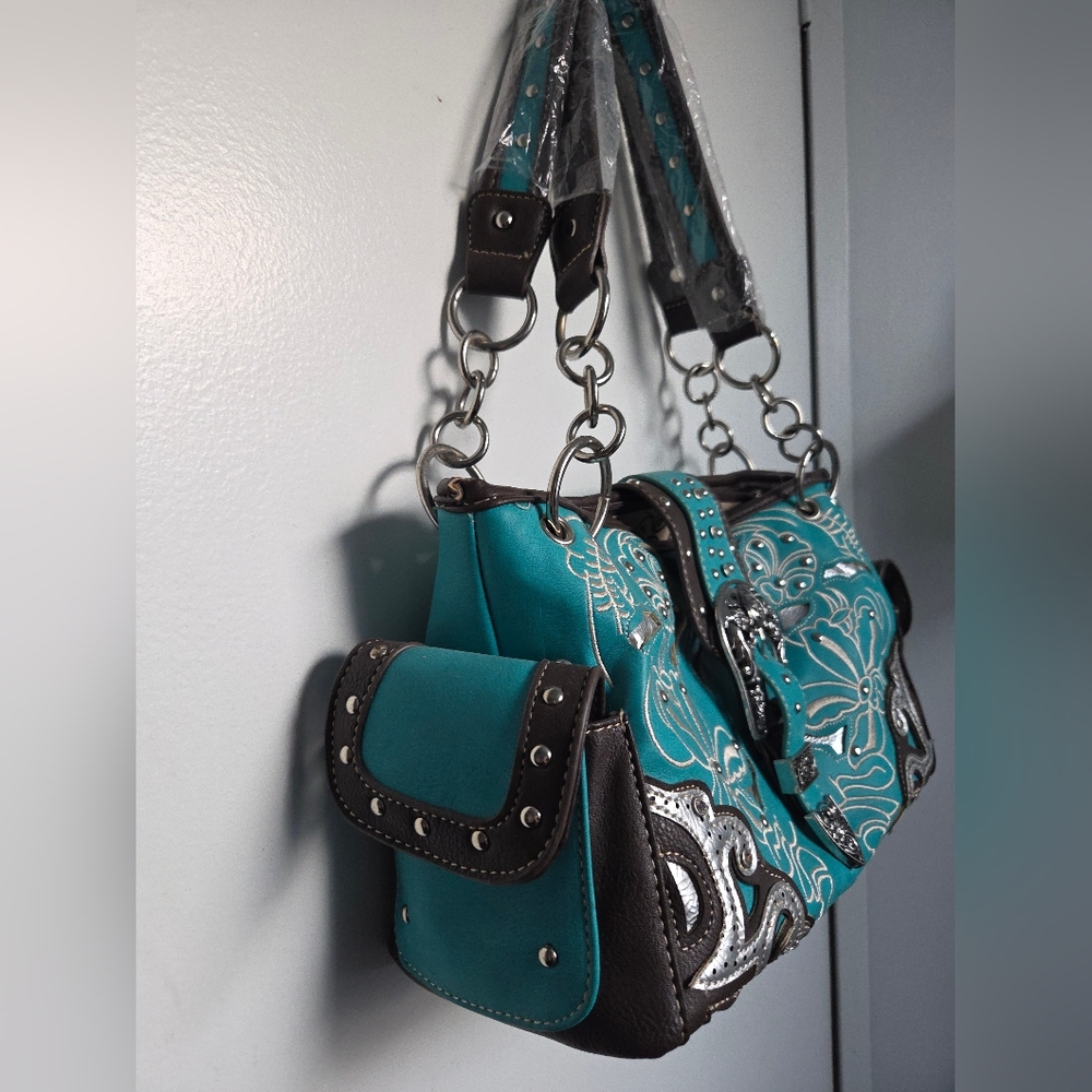 Western Rhinestone Turquoise Brown Conceal Carry Buckle Floral Women's Handbag - Picture 11 of 16